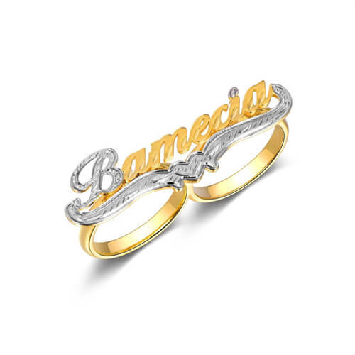 Custom 2 finger name rings creators bulk personalised two tone diamond cut nameplate rings with heart wholesale manufacturers